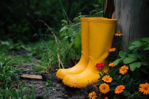 ai généré Jaune caoutchouc bottes dans jardin avec fleurs photo