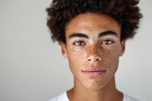 ai généré fermer de une Jeune homme avec taches de rousseur photo