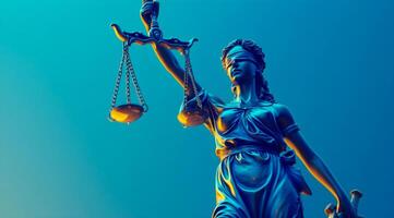 ai généré un imposant statue de Dame justice, jeter dans une frappant bleu Ton, détient le équilibré Balance de Justice en haut contre une calme pente bleu Contexte photo