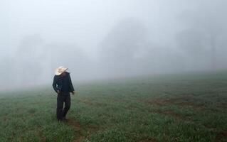 cow-boy homme en marchant parmi brumeux forêt avec espace pour texte photo