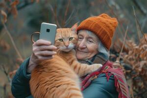 ai généré personnes âgées femme avec Orange chat dans sa bras prise une selfie avec mobile téléphone photo