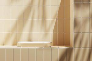 beige Plate-forme avec blanc Haut sur beige carrelage dans une ensoleillé salle de bains. 3d le rendu photo