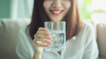 ai généré fermer, Jeune femme en buvant eau, femme profiter une rafraîchissant boisson à maison, génératif ai photo