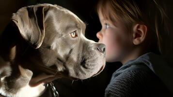 ai généré fermer, mignonne peu garçon posant avec le chien à maison, génératif ai photo