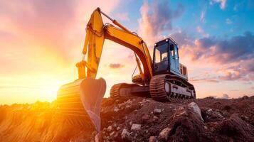 ai généré excavatrice dans construction site avec lumière du soleil arrière-plan, génératif ai photo