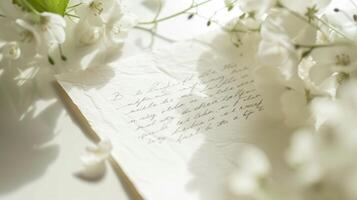 ai généré fermer de une manuscrit l'amour lettre de la mère journée délicat fleurs contre doux blanc émotif bien-être exprimé une sincère message célébrer de la mère journée avec aimer, généré par ai photo