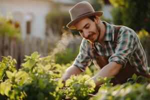 ai généré homme jardinage épices sur le sien cour. génératif ai photo