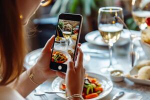 ai généré femme mains en portant téléphone intelligent et prise photo de le nourriture dans une restaurant. génératif ai