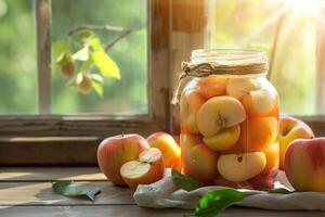 ai généré pot avec en conserve pommes et Frais pommes sur en bois tableau. génératif ai photo