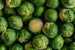 ai généré brut Bruxelles choux dans Les agriculteurs marché. biologique nourriture Contexte. génératif ai photo