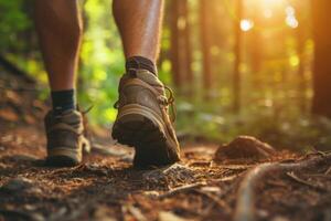 ai généré proche en haut de promeneur pieds en marchant en plein air dans le forêt. génératif ai photo