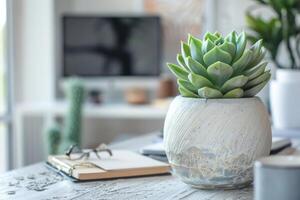 ai généré espace de travail avec une succulent plante. génératif ai photo