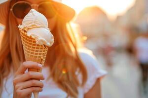 ai généré femme détient la glace crème dans sa main dans une gaufre cône sur flou Contexte. génératif ai photo