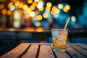 ai généré cocktail sur en bois table sur une nuit bar terrasse avec flou lumière. génératif ai photo