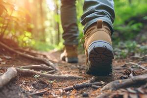 ai généré proche en haut de promeneur pieds en marchant en plein air dans le forêt. génératif ai photo