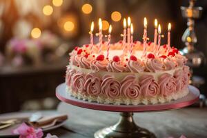 ai généré magnifiquement décoré anniversaire gâteau avec allumé bougies. génératif ai photo