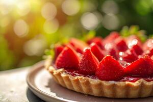 ai généré Frais fraise Tarte avec vanille crème. sucré dessert. génératif ai photo