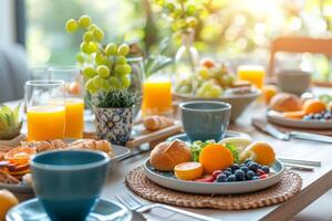 ai généré fermer de une magnifiquement ensemble brunch table avec coloré plats. génératif ai photo