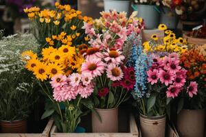 ai généré printemps fleurs à local rue marché. génératif ai photo