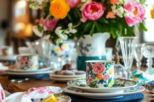 ai généré fermer de une magnifiquement ensemble brunch table avec coloré plats. génératif ai photo