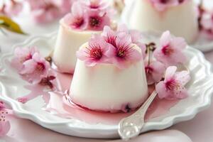 ai généré panna cotta surmonté avec une délicat Cerise fleurs dans sirop. génératif ai photo