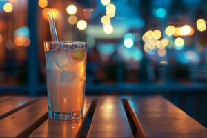 ai généré cocktail sur en bois table sur une nuit bar terrasse avec flou lumière. génératif ai photo