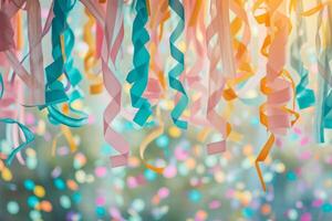 ai généré anniversaire fête décorations. banderoles, bannières et confettis. génératif ai photo