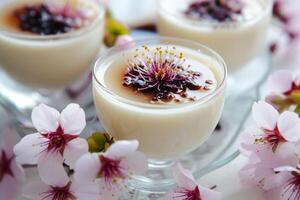 ai généré panna cotta surmonté avec une délicat Cerise fleurs dans sirop. génératif ai photo