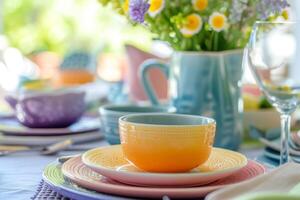 ai généré fermer de une magnifiquement ensemble brunch table avec coloré plats. génératif ai photo