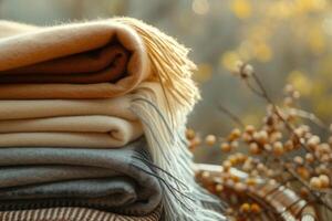 ai généré empiler de la laine ou cachemire couvertures. l'automne et hiver concept. génératif ai photo