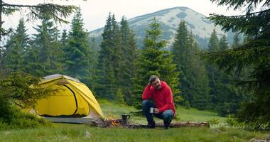 barbu homme près feu de camp dans le forêt. le camping est situé dans une magnifique forêt pelouse dans le montagnes. Voyage concept photo