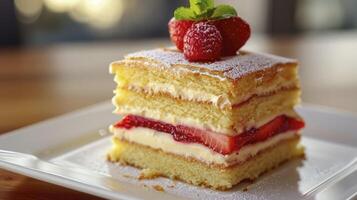 ai généré fraisier gâteau est une français fraise gâteau fabriqué de couches de génoise, mousseline crème et des fraises fermer sur le assiette sur le table photo