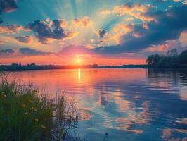 ai généré le coucher du soleil plus de le lac. magnifique été paysage. la nature composition. photo