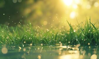 ai généré l'eau gouttelettes sur vert herbe avec Soleil lumière et bokeh Contexte photo
