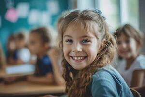 ai généré portrait de mignonne peu fille à la recherche en haut dans salle de cours à élémentaire école. photo