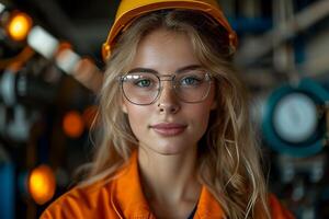 ai généré frappant portrait de une femelle ingénieur à un industriel placer. génératif ai photo