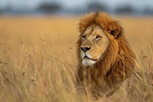 ai généré majestueux Lion arpentage le plaines à crépuscule. génératif ai photo