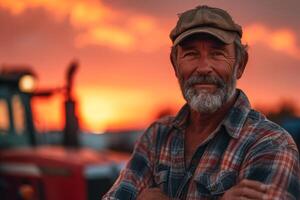 ai généré crépuscule sérénité, une Les agriculteurs content sourire au milieu de une ardent le coucher du soleil. génératif ai photo