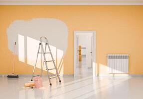 3d le rendu de Accueil intérieur avec mur La peinture rénovation et ensoleillé ambiance photo