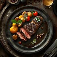 ai généré gourmet le banquet - succulent steak avec d'or patates photo
