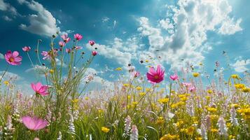 ai généré printemps paysage panorama avec fleurs dans une Prairie photo