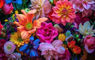 ai généré vibrant bouquet de mixte fleurs dans plein Floraison capturer natures beauté photo