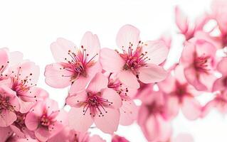 ai généré brillant rose Cerise arbre fleurs sur une blanc isolé Contexte proche en haut photo