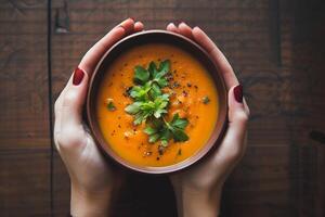 ai généré chaud fait maison citrouille soupe dans mains. photo