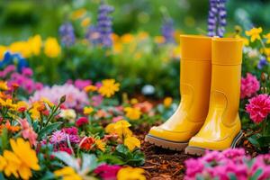 ai généré Jaune caoutchouc bottes dans jardin avec fleurs photo