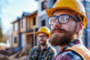 ai généré portrait de constructeur sur Contexte de maison en dessous de construction photo