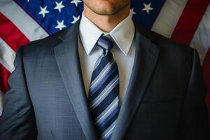 ai généré tondu image de politique homme dans costume contre Etats-Unis drapeau photo