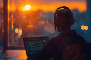 ai généré concentré homme avec casque travail sur portable avec ai généré. photo