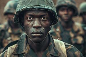 ai généré déterminé Jeune soldat dans militaire uniforme avec ai généré. photo