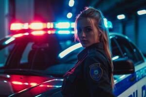 ai généré femelle police officier sur devoir à nuit avec ai généré. photo